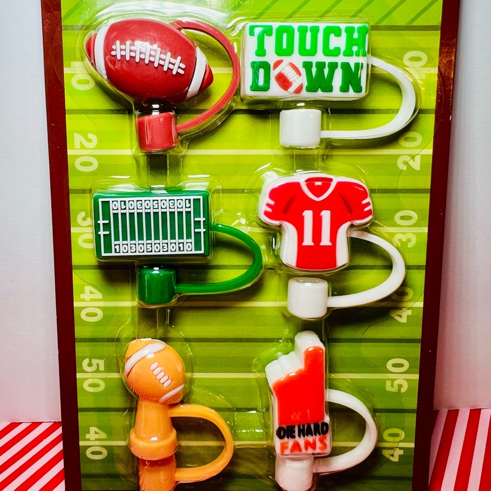 6 Football Themed Straw Toppers Touchdown Jersey Field Foam Finger Super Bowl